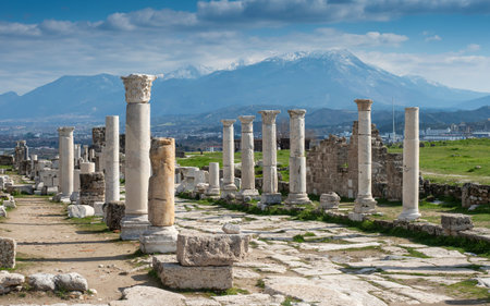 Ruins of Laodicea Ancient City in Denizli, Turkey, featuring ancient architecture, stone structures,...