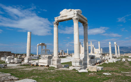 Ruins of Laodicea Ancient City in Denizli, Turkey, featuring ancient architecture, stone structures,...