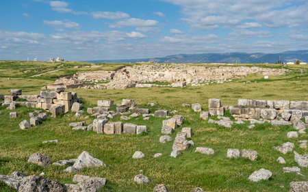 Ruins of Laodicea Ancient City in Denizli, Turkey, featuring ancient architecture, stone structures,...