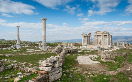 Ruins of Laodicea Ancient City in Denizli, Turkey, featuring ancient architecture, stone structures,...