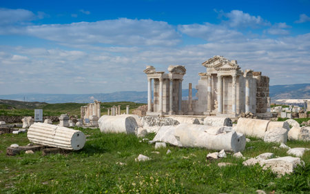 Ruins of Laodicea Ancient City in Denizli, Turkey, featuring ancient architecture, stone structures,...
