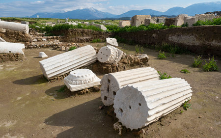 Ruins of Laodicea Ancient City in Denizli, Turkey, featuring ancient architecture, stone structures,...