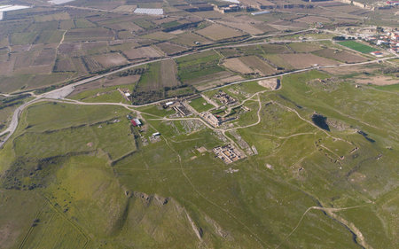 Aerial drone view of Tripolis Ancient City near Buldan in Denizli, Turkey, showing ancient Roman...