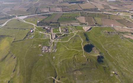 Aerial drone view of Tripolis Ancient City near Buldan in Denizli, Turkey, showing ancient Roman...
