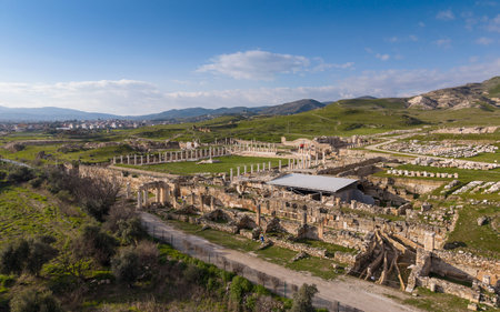 Aerial drone view of Tripolis Ancient City near Buldan in Denizli, Turkey, showing ancient Roman...