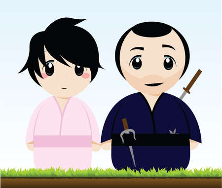 a samurai and a geishaのイラスト素材