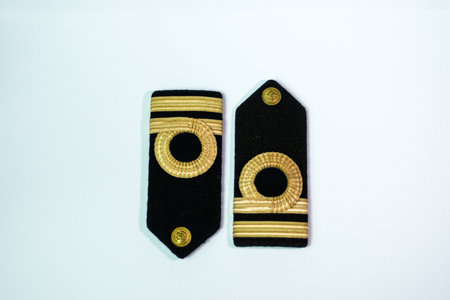 A pair of epaulette, isolated on white opposite top and bottom top down viewの写真素材