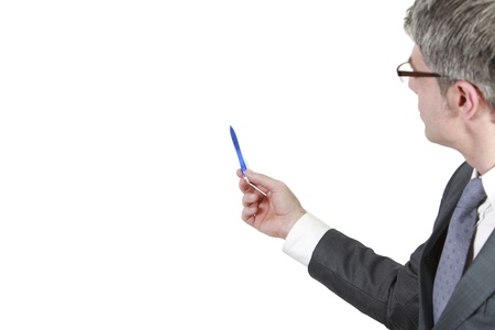 Businessman shows    with his pen  Isolated on a white background   の写真素材
