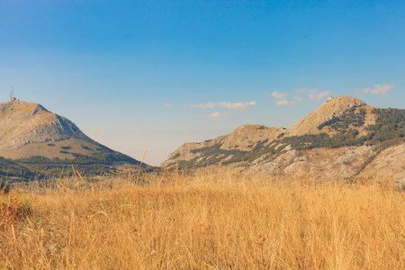 Panoramic landscape in sunset light, Rhodes Island - Greece. Image assembled from four horizontal framesの写真素材