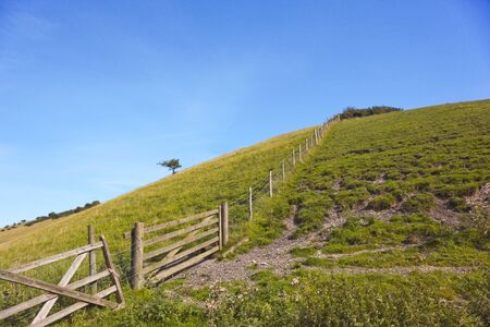 a gate and fence on a hillside under a blue skyの写真素材
