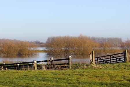 flooded meadows of derwent ings in yorkshire on a sunny winters dayの写真素材