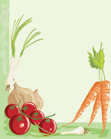 hand drawn illustration of an arrangement of vegetables with copyspace on a pale green backgroundのイラスト素材