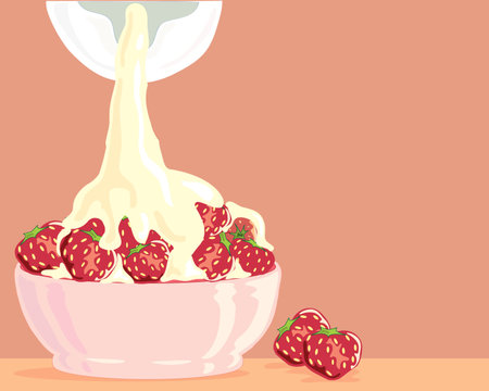 an illustration of a bowl of fresh strawberries with cream from a jug pouring over them on a dark peach backgroundのイラスト素材