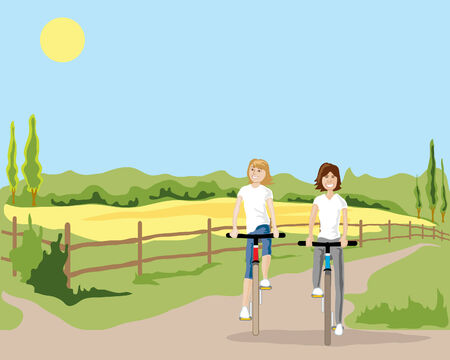 an illustration of two women cycling along a cycle path in the countryside in summer under a blue skyのイラスト素材