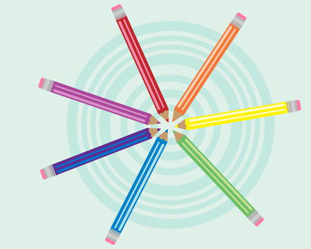 an illustration of rainbow colored pencils around concentric circles on a jade backgroundのイラスト素材