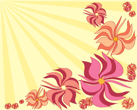 a hand drawn illustration of a group of brightly colored abstract flowers with beams of sunlight on a yellow backgroundのイラスト素材