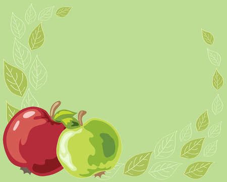 a hand drawn illustration of two brightly colored apples with a leaf design on a pale green backgroundのイラスト素材