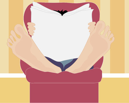 a hand drawn illustration of a man reading a newspaper in a comfortable chair with his feet on a stool in a sitting roomのイラスト素材