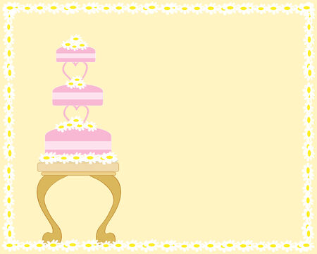 an illustration of a three tier pink wedding cake with ribbon on a fancy table with flowers on a yellow backgroundのイラスト素材