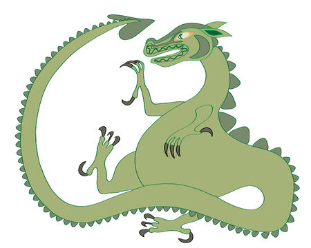 a hand drawn illustration of a green dragon with a decorative face and long talons  on a white backgroundのイラスト素材