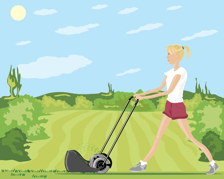 a hand drawn illustration of a woman mowing a lawn in summer with shrubs and trees under a blue skyのイラスト素材