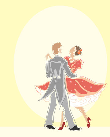 a hand drawn illustration of two ballroom dancers dancing in the spotlightのイラスト素材
