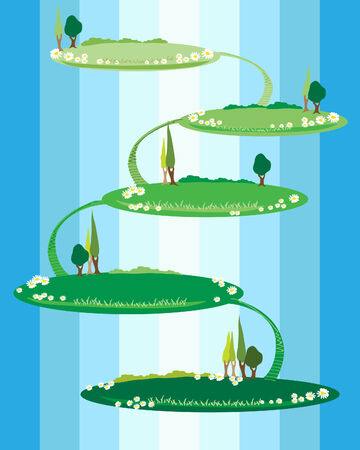 a hand drawn illustration of floating gardens with trees and daisies on a blue background in various shadesのイラスト素材