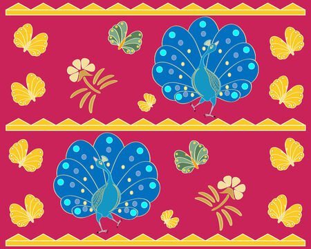 exotic background illustrationwith stylised peacocks butterflies and flowers in asian styleのイラスト素材