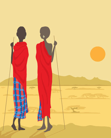 a hand drawn illustration of two masai men looking out over the plains towards mountains in the distance under the setting sunのイラスト素材