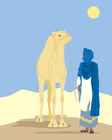 a hand drawn illustration of a toureg man with a camel in the desert in africa under a blue skyのイラスト素材
