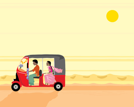 a hand drawn illustration of a tuk tuk with two people travelling along a dusty road in india under an orange sunsetのイラスト素材