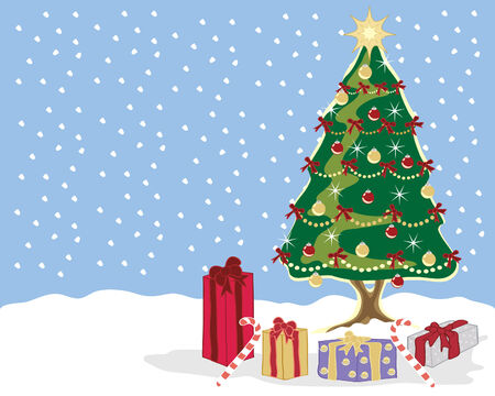 a hand drawn illustration of a christmas tree with decorations and presents in a snowy settingのイラスト素材