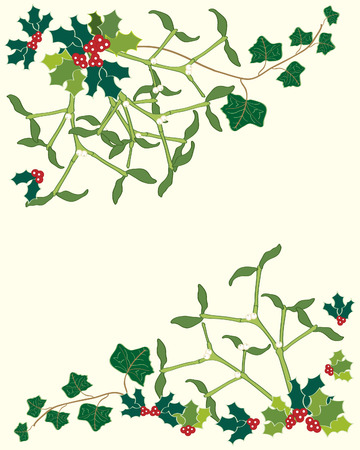 a hand drawn illustration of holly mistletoe and ivy leaves on a cream backgroundのイラスト素材