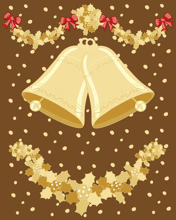a hand drawn illustration of two christmas bells ringing with holly and ribbons on a snowy gold backgroundのイラスト素材