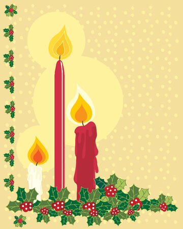 a hand drawn illustration of red and white christmas candles with flames and holly on a gold snowy backgroundのイラスト素材