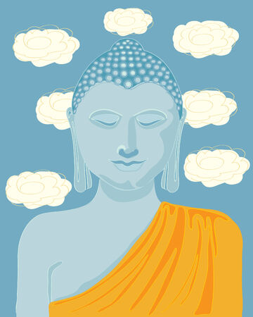 a hand drawn illustration of buddha with orange robes and lotus flowers in the backgroundのイラスト素材