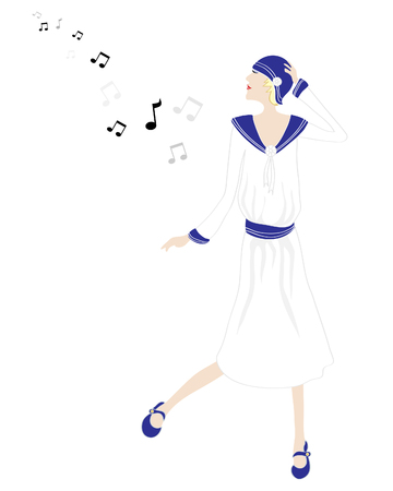a hand drawn illustration of a woman in twenties fashion dancing to some musicのイラスト素材