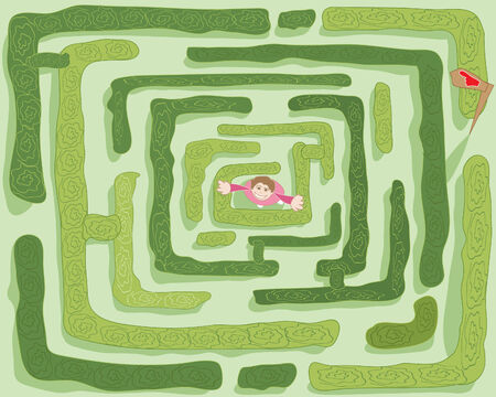 a hand drawn illustration of a girl in the middle of a maze with hedges and signpostのイラスト素材