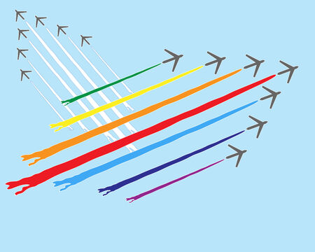 a hand drawn illustration of a formation of planes with colored smoke trails in a blue skyのイラスト素材