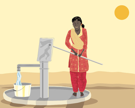 a hand drawn illustration of an asian woman at a well pumping water dressed in salwar kameez under a setting sunのイラスト素材