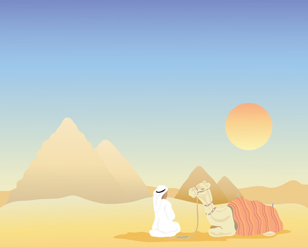 a hand drawn illustration of man and camel sat in front of the pyramids at sunsetのイラスト素材