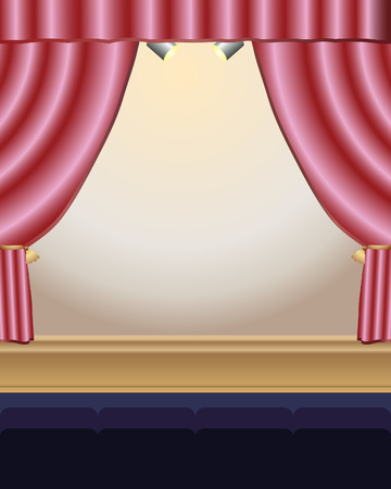 an illustration of a stage with red satin curtains stage lights and two rows of seatsのイラスト素材