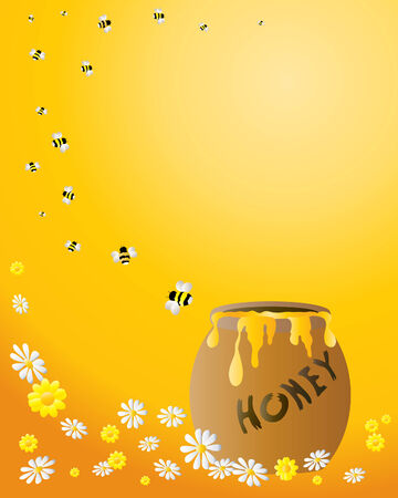 an illustration of a honey jar with a spiral of bees flying away on an orange background with flowersのイラスト素材