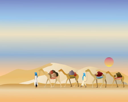 an illustration of a camel train with touareg people in a desert landscapeのイラスト素材