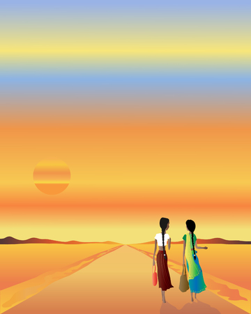 an illustration of two asian women walking home along a road at sunsetのイラスト素材
