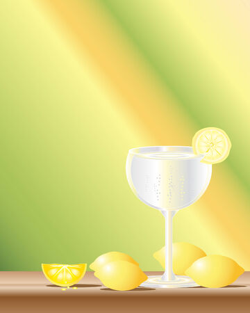 an illustration of a glass of gin and tonic with whole and sliced lemons on a yellow green backgroundのイラスト素材