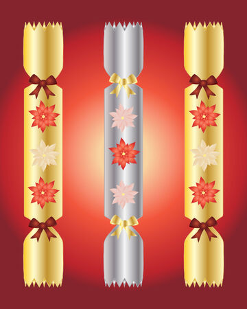 an illustration of three christmas crackers in silver and gold with red bows and poinsettia flowers on a dark red backgroundのイラスト素材