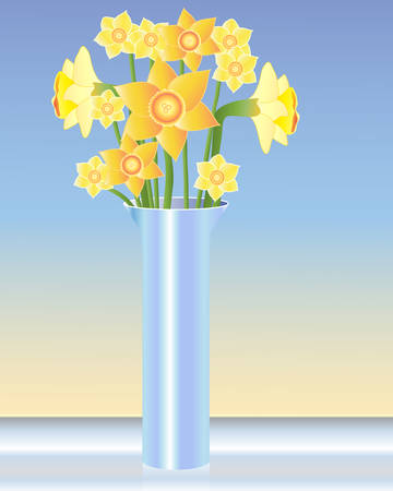 an illustration of a blue vase with an arrangement of daffodils on a glass tableのイラスト素材