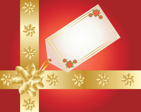 illustration of a christmas present wrapped in red paper with gold ribbons and a blank gift tag for your design or textのイラスト素材