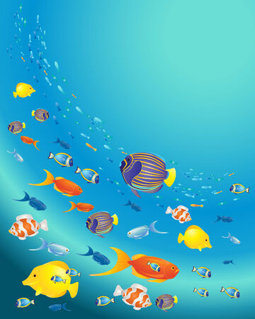 an illustration of a variety of tropical fish swimming in a deep blue oceanのイラスト素材